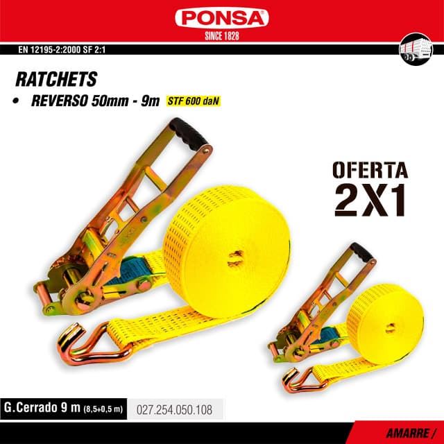 2X1 Cinta Amarre Ratchet "Reverso" 50MM PONSA 9M Gancho Cerrado - Imagen 1