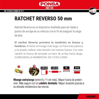2X1 Cinta Amarre Ratchet "Reverso" 50MM PONSA 9M Gancho Cerrado - Imagen 2