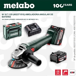 Amoladora Batería METABO W 18 7-125 + 2 Baterías 4.0Ah + Cargador + metaBOX - Imagen 1