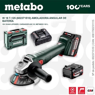 Amoladora Batería METABO W 18 7-125 + 2 Baterías 4.0Ah + Cargador + metaBOX - Imagen 1
