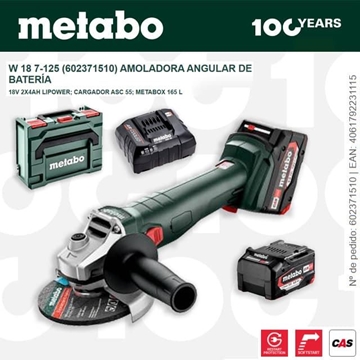 Amoladora Batería METABO W 18 7-125 + 2 Baterías 4.0Ah + Cargador + metaBOX - Imagen 1