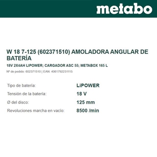Amoladora Batería METABO W 18 7-125 + 2 Baterías 4.0Ah + Cargador + metaBOX - Imagen 2