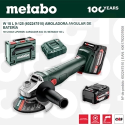 Amoladora Batería METABO W 18 L 9-125 + 2 Baterías 4.0Ah + Cargador + metaBOX - Imagen 1
