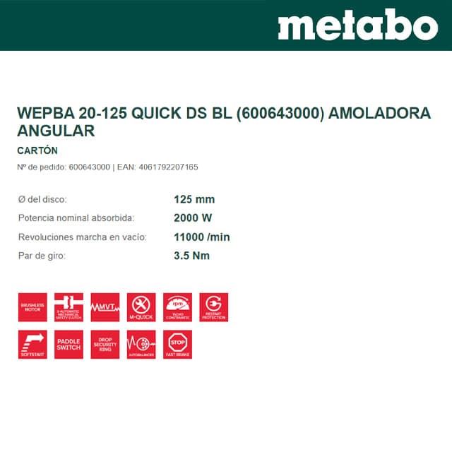Amoladora METABO WEPBA 20-125 Quick DS BL - Imagen 2
