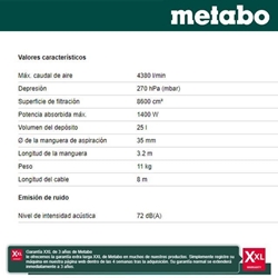 Aspirador Universal METABO ASR 25 L SC 1400W - Imagen 2