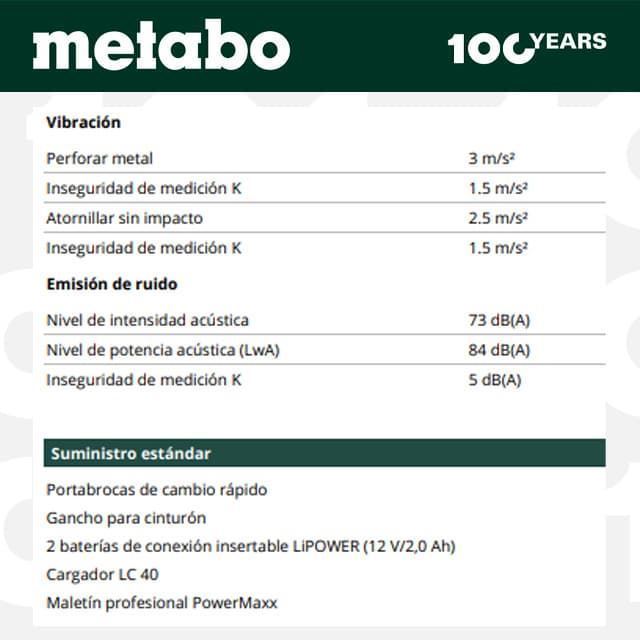 Atornillador METABO PowerMaxx BS BL Quick 12V + 2Baterías 12V/2Ah Li-Power + Cargador + Maletin - Imagen 3