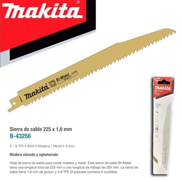 Blister Hojas Sable MAKITA Bi-Metal 225X1.6 9" 5-8 TPI (5Uds) - Imagen 1