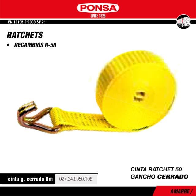 Cinta Ratchet Recambio 50MM PONSA 8M Gancho Cerrado - Imagen 1