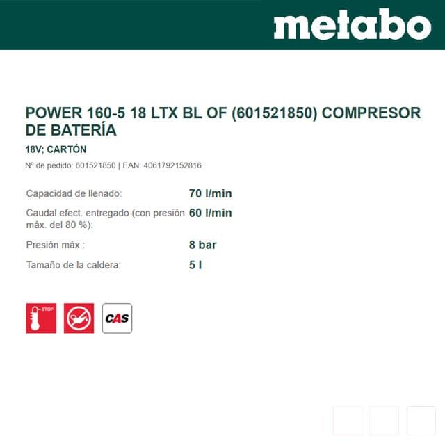 Compresor de Batería METABO Power 160-5 18 LTX BL OF - Imagen 2