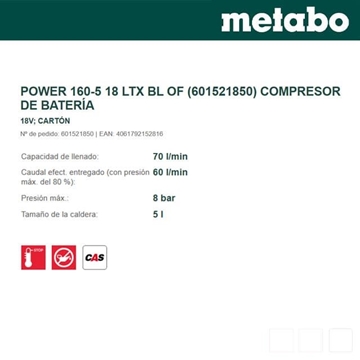 Compresor de Batería METABO Power 160-5 18 LTX BL OF - Imagen 2