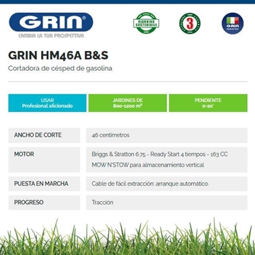Cortacésped Gasolina GRIN HM 46 A B&S 675 - Imagen 2