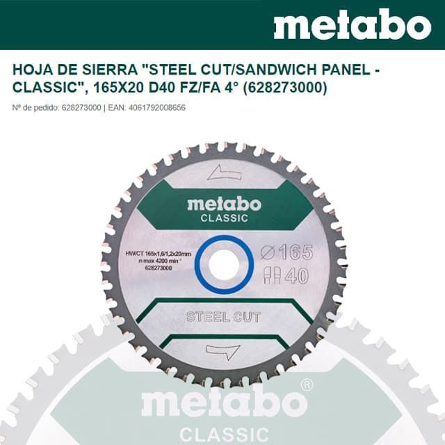 Disco Corte Panel Sandwich 165X20 Z40 METABO Classic - Imagen 1