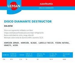 Disco Diamante General de Obra LEMAN 230 Tuerca M14 - Imagen 2