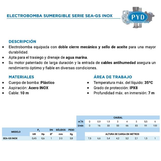 Electrobomba Sumergible PYD Sea-Gs Inox Aguas Saladas - Imagen 3