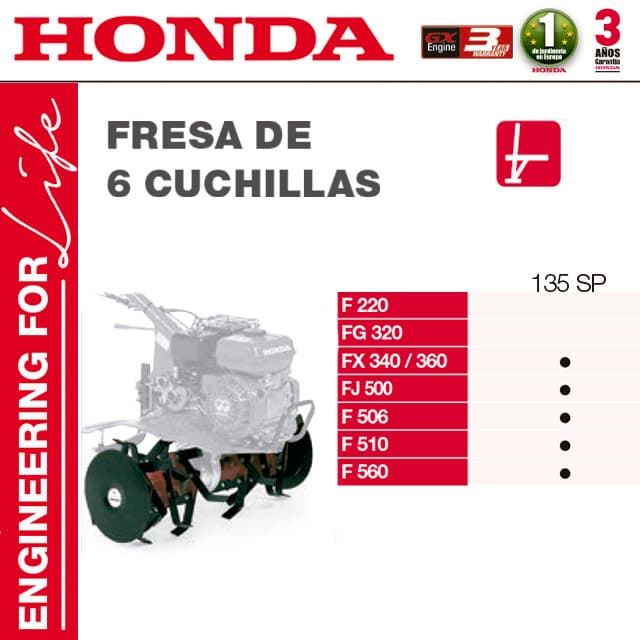 Fresa de 6 Cuchillas 135SP Motoazadas HONDA FX340/360 FJ500 F506 F510 F560 - Imagen 1