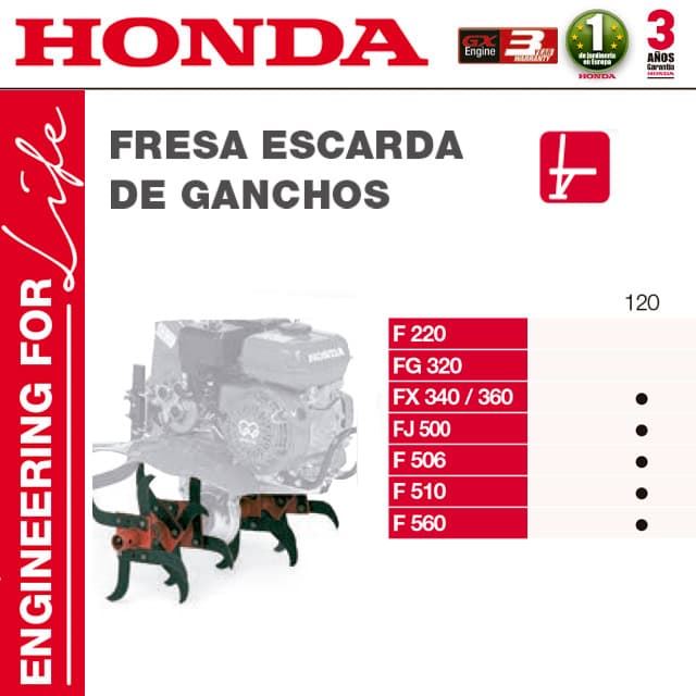 Fresa Escarda de Ganchos 120 Motoazadas HONDA FX340/360 FJ500 F506 F510 F560 - Imagen 1