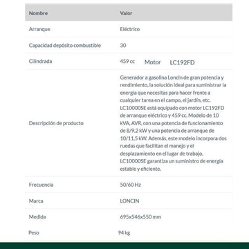 Generador Gasolina LONCIN LC10000SE AVR - Imagen 2