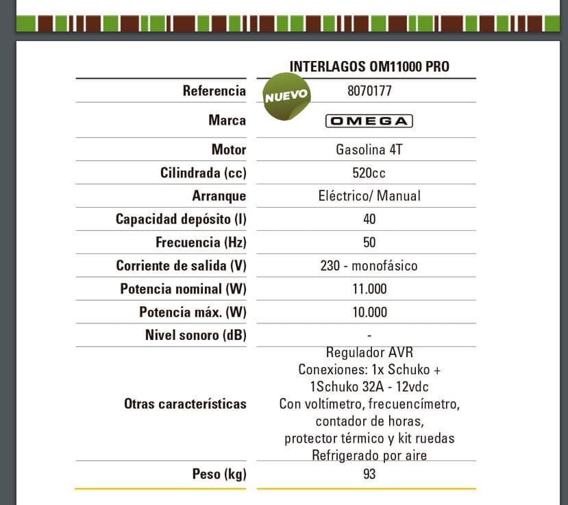 Generador Gasolina OMEGA Interlagos OM11000 Pro - Imagen 2