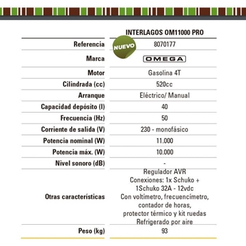 Generador Gasolina OMEGA Interlagos OM11000 Pro - Imagen 2