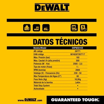 Hidrolimpiadora Eléctrica DeWALT DXPW001CE 160Bar-500L/h - Imagen 2