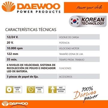 Lijadora Orbital a Batería DAEWOO DALOS18-1 + Batería 2Ah/Cargador - Imagen 2
