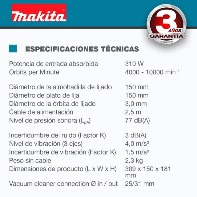 Lijadora Rotorbital MAKITA BO6030 150MM (6") 310W 4000-10000 Rpm 2.4 Kg - Imagen 3