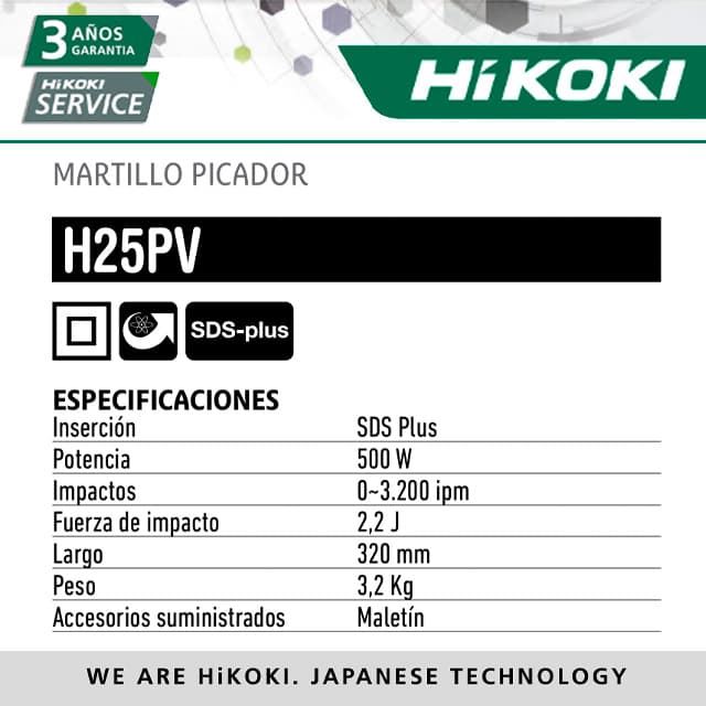 Martillo Demoledor HIKOKI H25PV 500W 3.2KG - Imagen 2