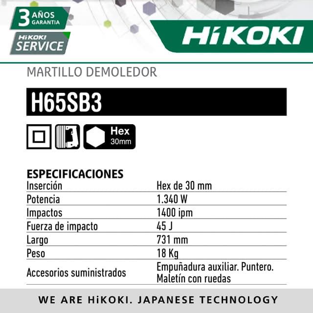 Martillo Demoledor HIKOKI H65SB3 1340W - Imagen 2