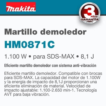 Martillo Demoledor MAKITA HM0871C AVT 1100W + 1P/1P - Imagen 2