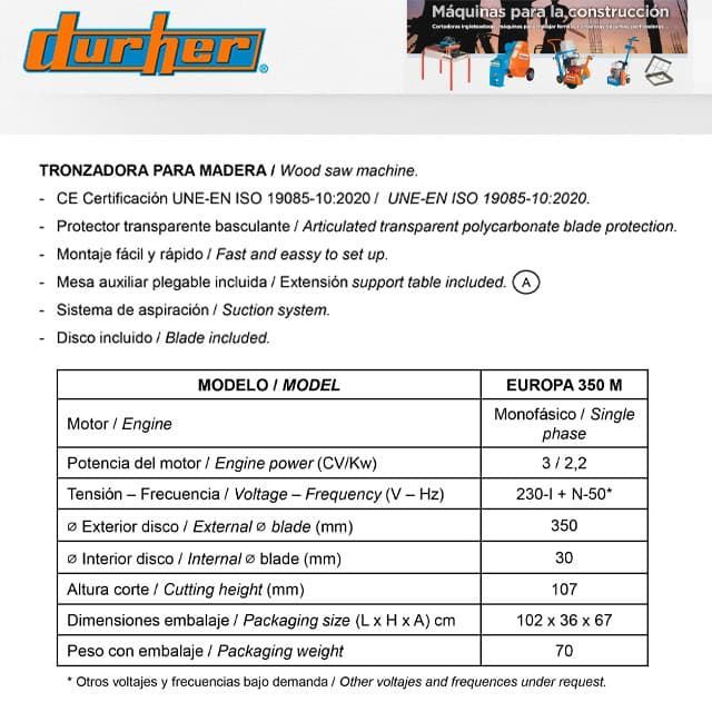Mesa Circular de Corte DURHER Europa 350-M 3CV/50Hz + 2 Discos GRATIS - Imagen 3