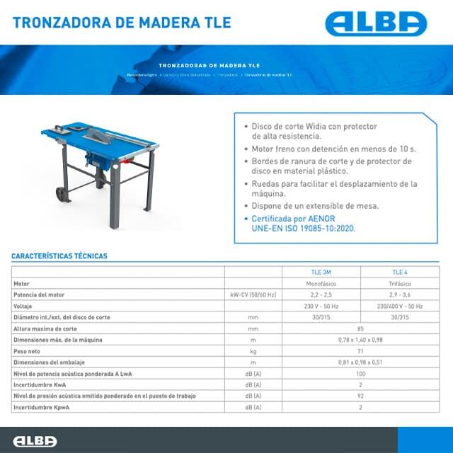 Mesa Circular Madera ALBA TLE3 Monofásica D.315 Aenor - Imagen 2