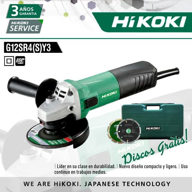 Mini Amoladora HIKOKI G12SR4(S)Y3 730W + 2 DISCOS 115 + MALETIN - Imagen 1