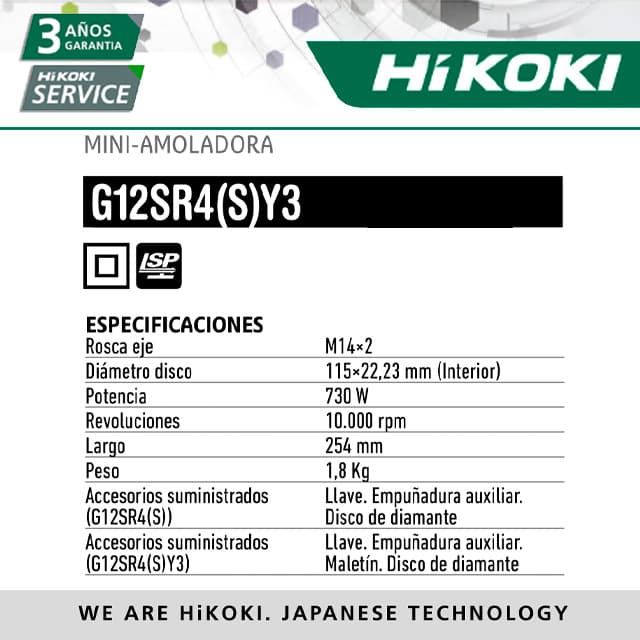 Mini Amoladora HIKOKI G12SR4(S)Y3 730W + 2 DISCOS 115 + MALETIN - Imagen 2