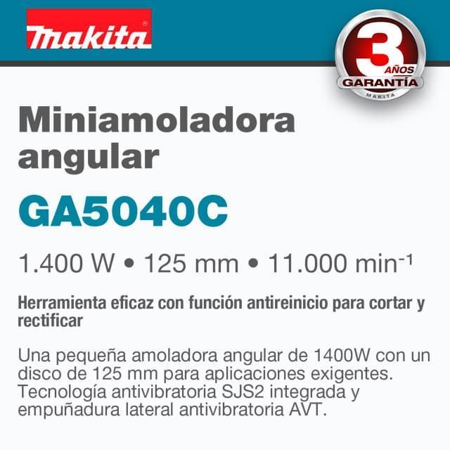 Mini Amoladora MAKITA GA5040C01 125MM(5") 1400W SJSII + Disco Desbarbe 125X6MM + 1 Disco Diamante VITO de REGALO - Imagen 2