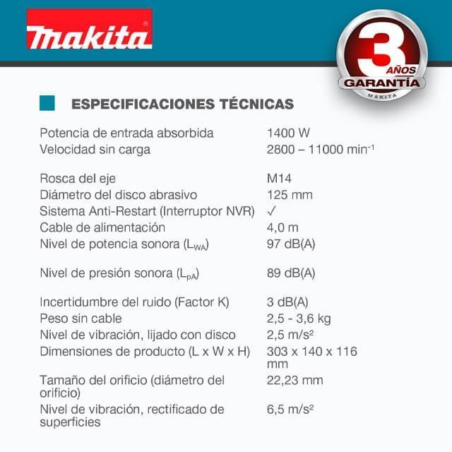 Mini Amoladora MAKITA GA5040C01 125MM(5") 1400W SJSII + Disco Desbarbe 125X6MM + 1 Disco Diamante VITO de REGALO - Imagen 3