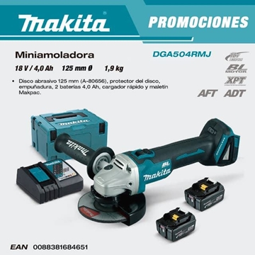 Miniamoladora a Batería MAKITA DGA504RMJ 18V XPT 125 BrushLess + 2 Baterías 4Ah + Cargador - Imagen 1