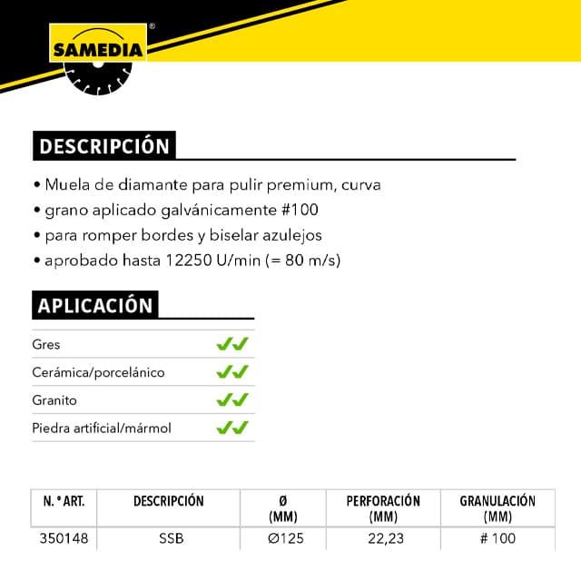 Muela Diamante SAMEDIA Master SSB 125x22.2 Porcelánico - Imagen 2
