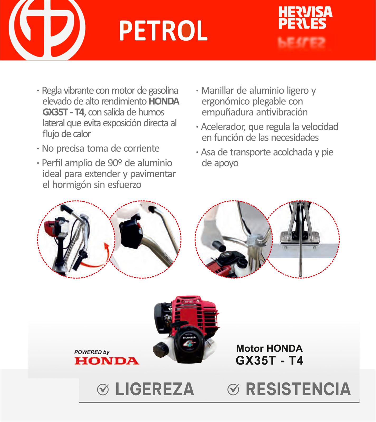Regla Vibrante HERVISA PERLES Mega Petrol Screed Motor Honda GX25 4T + Perfil 90º - Imagen 3