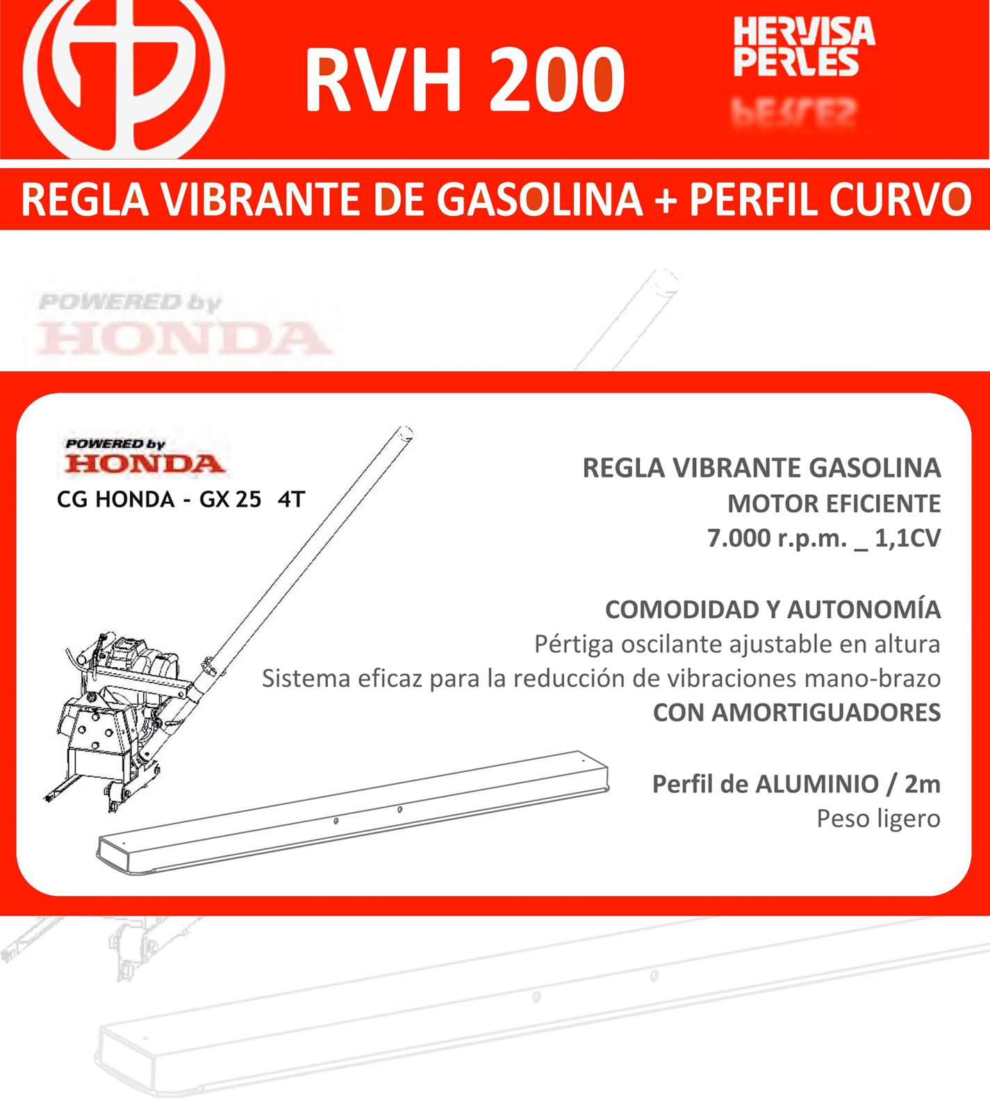 Regla Vibrante HERVISA PERLES RVH200 Motor Honda GX25 4T + Perfil Curvo 2M - Imagen 2