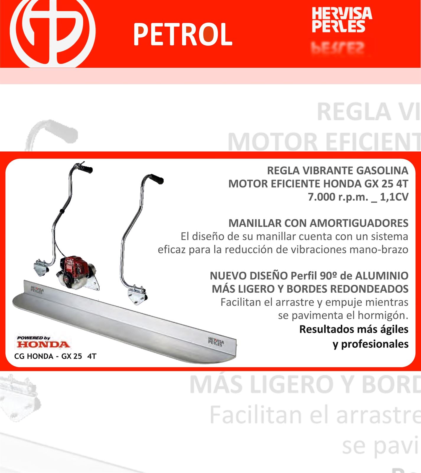 Regla Vibrante HERVISA PERLES Simply Screed Petrol Motor Honda GX25 4T + Perfil 90º de 2M - Imagen 2