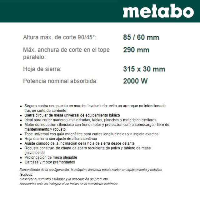 Sierra Circular de Mesa METABO TKHS 315C 2.0 WNB / Mesa Circular Madera - Imagen 4