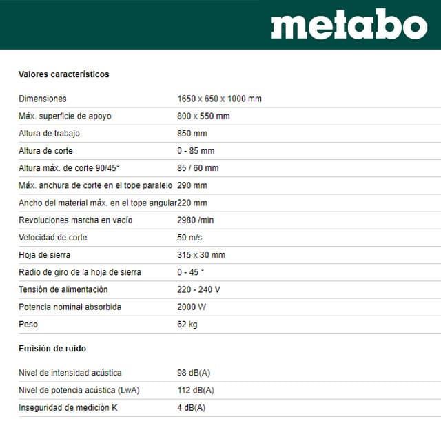 Sierra Circular de Mesa METABO TKHS 315C 2.0 WNB / Mesa Circular Madera - Imagen 5