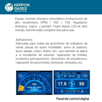 Soldadora de Hilo NIPPON Multimig 220 LCD Synergic 1Ph (MMA/MIG/TIG) - Imagen 2