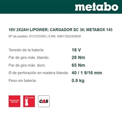 Taladro Atornillador METABO BS18 L BL + 2 Baterias 2Ah + Cargador SC36 + Maletín - Imagen 2
