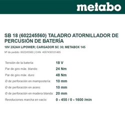 Taladro de Percusión METABO SB18 + 2 Baterías 2.0Ah + Cargador + Maletín - Imagen 2