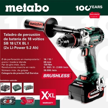 Taladro Percutor 130Nm METABO SB 18 LTX BL I + 2 Baterías Li-Power 5.2Ah + Cargador + metaBOX - Imagen 1