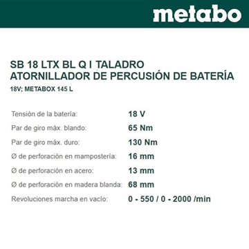 Taladro Percutor 130Nm METABO SB 18 LTX BL Q I + 2 Baterías 4.0Ah + Cargador + metaBOX - Imagen 2