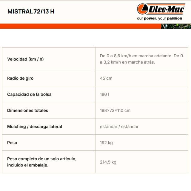 Tractor Cortacésped Rider OLEO-MAC MISTRAL 72/13H - Imagen 6